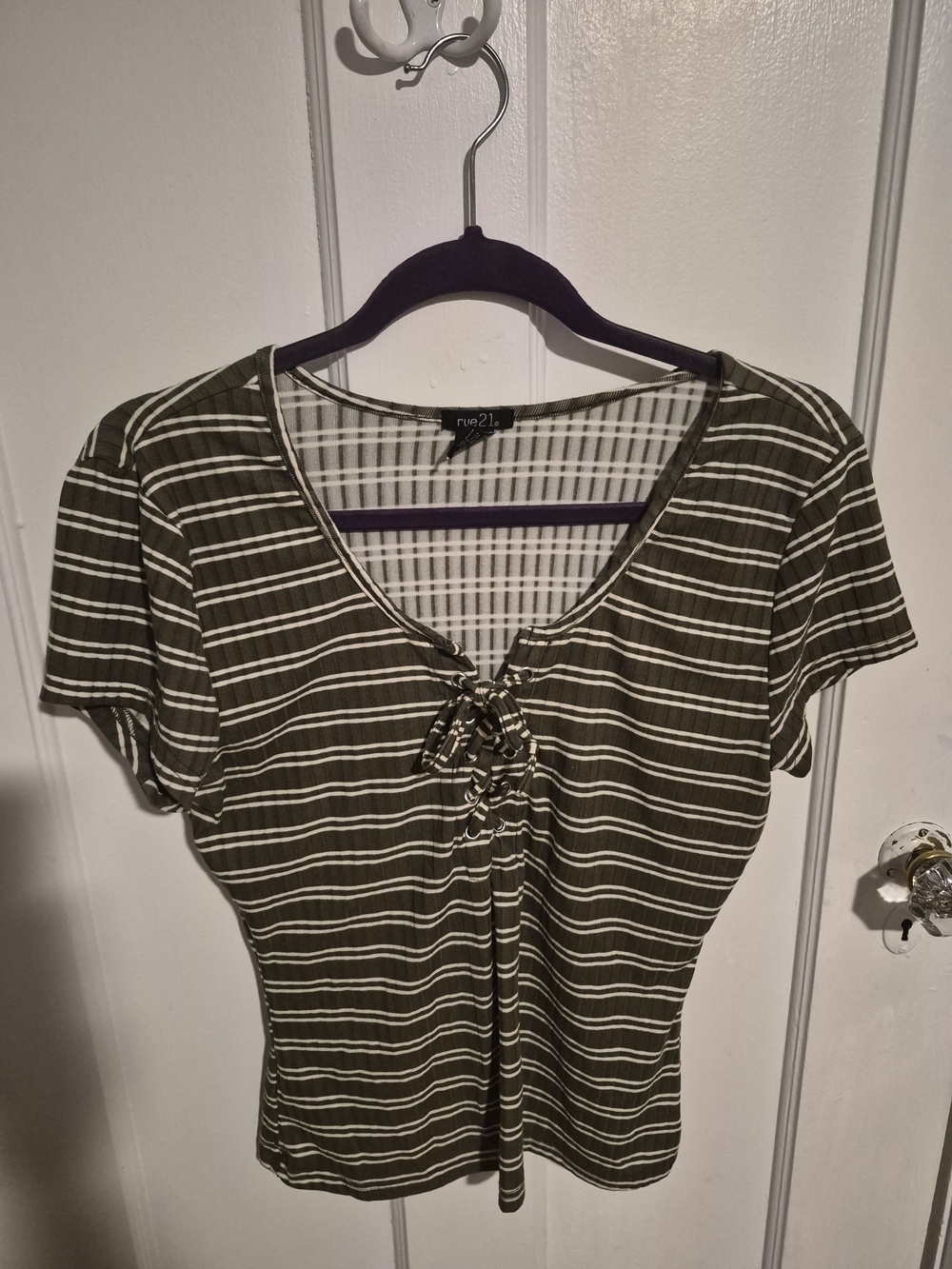 Rue21 Olive & White Striped Lace-Up Scoop Tee